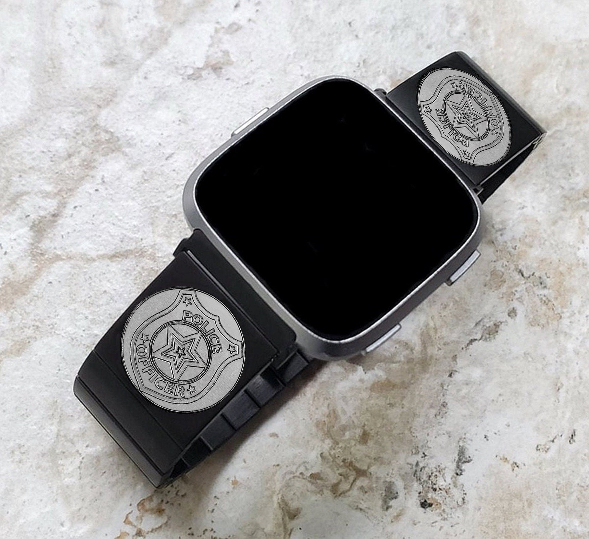 Police Badge Engraved Watch Band Compatible with Fitbit Versa Lite 2 3 4 and Sense 1 2 Smartwatches Black Stainless Steel Bracelet Strap PB4